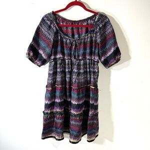 West Coast Contempo Silk Short Sleeve Tiered Ruffle Peasant Dress